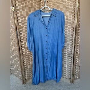 Italian Chambray Blue Button-Down Tunic Dress 3/4 Sleeves Casual 0X Lungo L’Arni